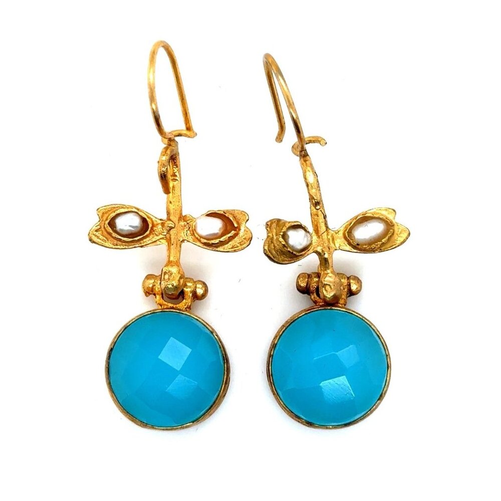 Turkey‎ Gold Blue Stone with Pearls Earrings